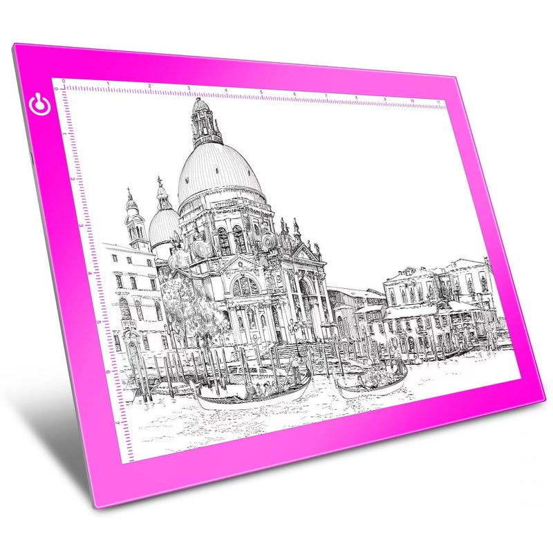 LooEooDoo Pink A4 Dimmable LED Artcraft Light Box Tracer Slim Light Pad Portable Tablet, USB Power Cable Copy Drawing Board Tracing Table for Artists Designing, Animation, Sketching, Stenciling X-ray Viewing - Image 1